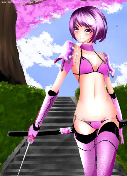 Anime picture 1000x1384 with original chuloc (artist) single tall image blush short hair light erotic smile pink hair sky cloud (clouds) pink eyes coloring cherry blossoms girl thighhighs gloves underwear panties weapon