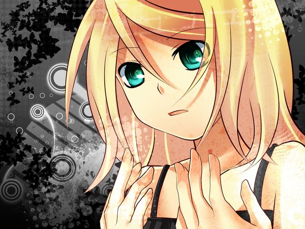Anime picture 2000x1500 with vocaloid kagamine rin tagme (artist) highres short hair blonde hair bare shoulders green eyes girl