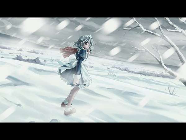 Anime picture 3200x2400 with touhou studio sdt izayoi sakuya yuuki tatsuya single highres maid wallpaper snowing letterboxed winter snow landscape girl scarf