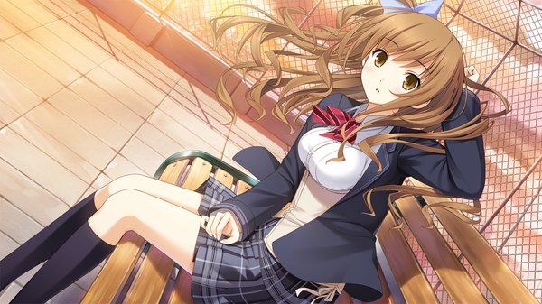 Anime picture 1280x720 with hotch kiss giga haruhino misaki mikoto akemi single long hair brown hair wide image sitting brown eyes game cg wind one side up adjusting hair girl skirt uniform bow hair bow school uniform