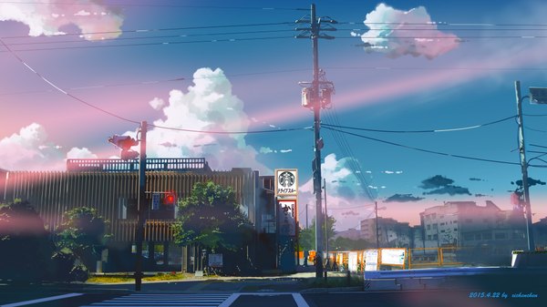 Anime picture 4153x2336 with original xi chen chen highres wide image absurdres sky cloud (clouds) sunlight no people street plant (plants) tree (trees) building (buildings) power lines road traffic sign traffic lights