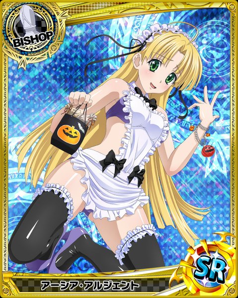 Anime picture 640x800 with highschool dxd asia argento single long hair tall image looking at viewer blush open mouth light erotic blonde hair green eyes halloween card (medium) girl thighhighs underwear panties black thighhighs frills lingerie