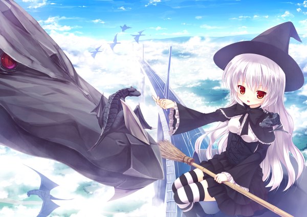 Anime picture 1202x850 with original yuku (kiollion) long hair red eyes sitting cloud (clouds) white hair loli girl thighhighs dress witch hat striped thighhighs dragon broom