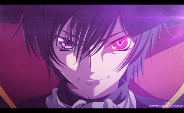 Anime picture 1700x1040 with code geass sunrise (studio) lelouch lamperouge the103orjagrat single short hair black hair smile wide image purple eyes pink eyes heterochromia coloring light letterboxed close-up face boy