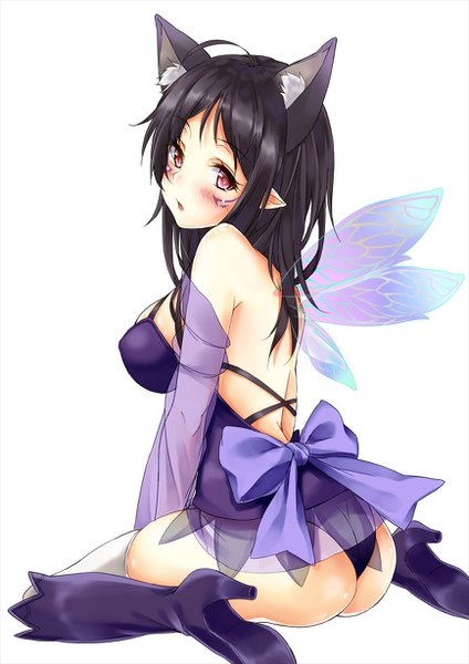 Anime picture 868x1228 with mabinogi marisasu (marisa0904) single long hair tall image looking at viewer blush fringe breasts open mouth light erotic black hair simple background large breasts white background sitting bare shoulders brown eyes animal ears ahoge