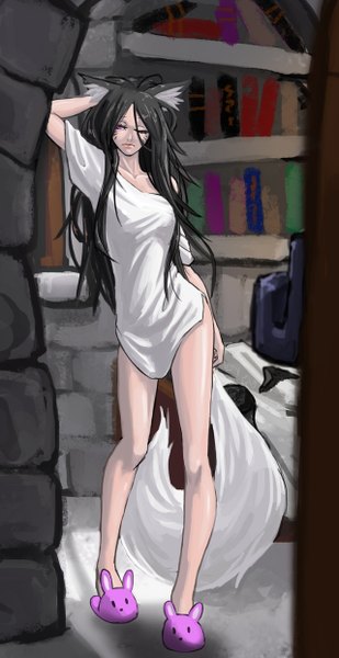 Anime picture 640x1241 with league of legends ahri (league of legends) duoluo single long hair tall image black hair purple eyes animal ears tail animal tail one eye closed lips wink alternate costume legs fox tail fox girl alternate hairstyle walking