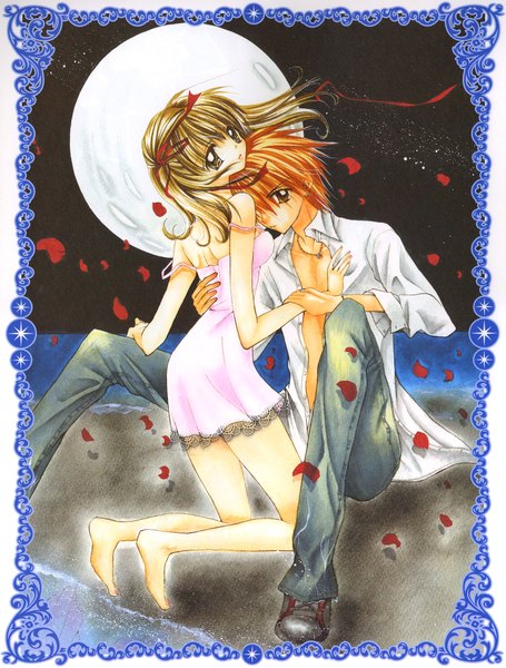 Anime picture 1517x2000 with mermaid melody pichi pichi pitch nanami lucia domoto kaito tall image looking at viewer fringe short hair light erotic blonde hair sitting bare shoulders from behind scan hair over one eye orange hair open clothes open shirt kneeling girl boy