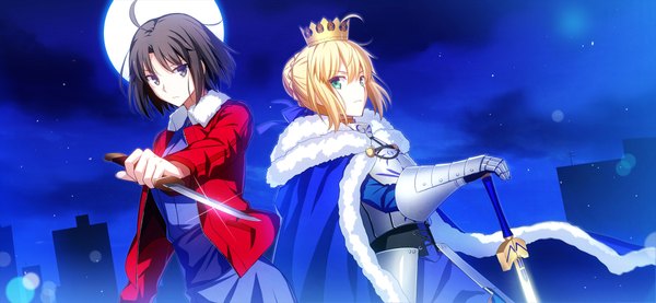 Anime picture 1996x922 with fate (series) fate/grand order fate/stay night kara no kyoukai type-moon artoria pendragon (all) saber ryougi shiki fuyuki (neigedhiver) highres short hair black hair blonde hair wide image multiple girls green eyes cloud (clouds) ahoge night grey eyes