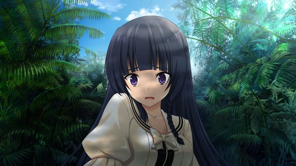 Anime picture 1024x576 with jesus 13th long hair open mouth black hair wide image purple eyes game cg girl uniform plant (plants) school uniform