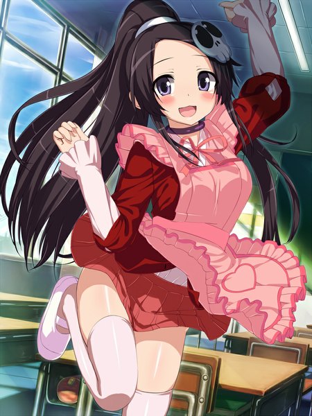 Anime picture 750x1000 with kami nomi zo shiru sekai elsea de lute irma wataru (zazazazazazawa) single long hair tall image looking at viewer blush open mouth blue eyes black hair ponytail classroom girl thighhighs skirt uniform hair ornament school uniform white thighhighs