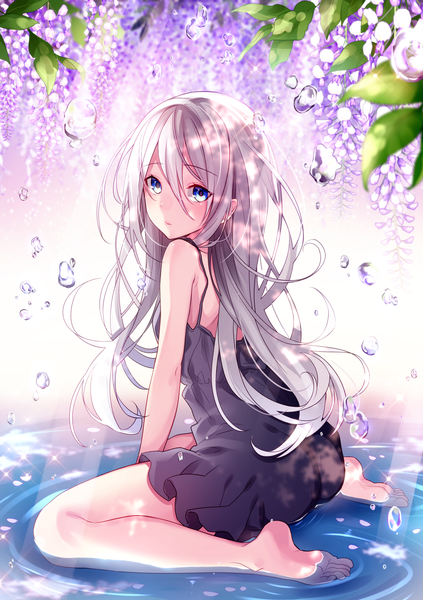 Anime picture 1416x2006 with original kat (bu-kunn) single long hair tall image looking at viewer blue eyes hair between eyes sitting white hair looking back wariza girl flower (flowers) sundress bubble (bubbles) wisteria