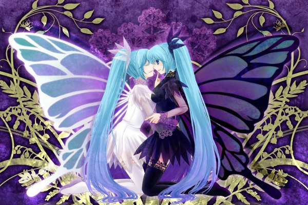 Anime picture 1200x800 with vocaloid hatsune miku long hair blue eyes twintails eyes closed profile aqua hair black wings insect wings butterfly wings girl thighhighs dress flower (flowers) black thighhighs white thighhighs wings