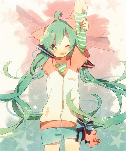 Anime picture 665x800 with vocaloid hatsune miku komadori ui single tall image blush open mouth twintails green eyes ahoge very long hair one eye closed green hair outstretched arm symbol-shaped pupils arm behind head holding arm sleepy girl shorts