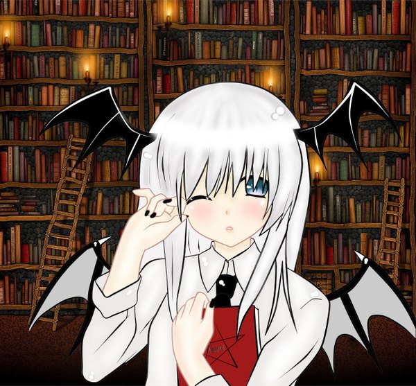 Anime picture 1292x1200 with touhou koakuma princisa single long hair blush highres short hair open mouth blue eyes blonde hair white hair indoors one eye closed wink demon wings demon girl wings library