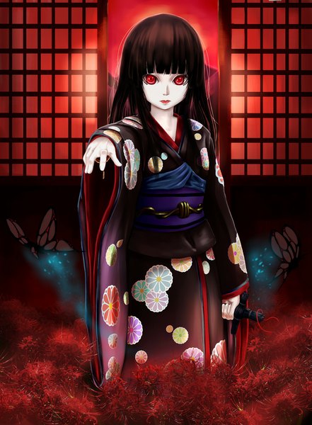 Anime picture 735x1000 with hell girl studio deen enma ai saikoro (et1312) single long hair tall image fringe red eyes brown hair standing holding traditional clothes japanese clothes wide sleeves outstretched arm floral print white skin girl flower (flowers)