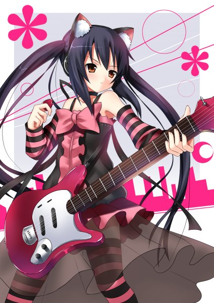 Anime picture 848x1200 with k-on! kyoto animation nakano azusa koi (koisan) single long hair tall image black hair twintails bare shoulders brown eyes animal ears cat ears fake animal ears girl thighhighs detached sleeves headphones striped thighhighs musical instrument