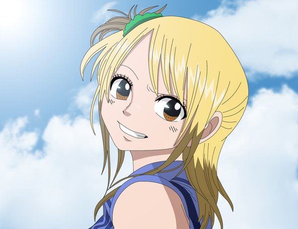 Anime picture 2166x1668 with fairy tail lucy heartfilia luffy-san92 single long hair highres blonde hair smile brown eyes sky cloud (clouds) looking back sunlight one side up coloring girl sun