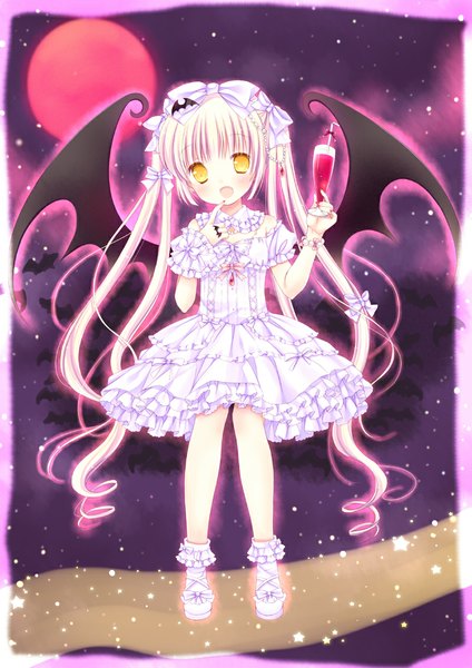 Anime picture 800x1131 with original mizuse ruka single tall image blush open mouth twintails yellow eyes white hair very long hair loli red moon girl dress bow hair bow wings frills moon wine glass