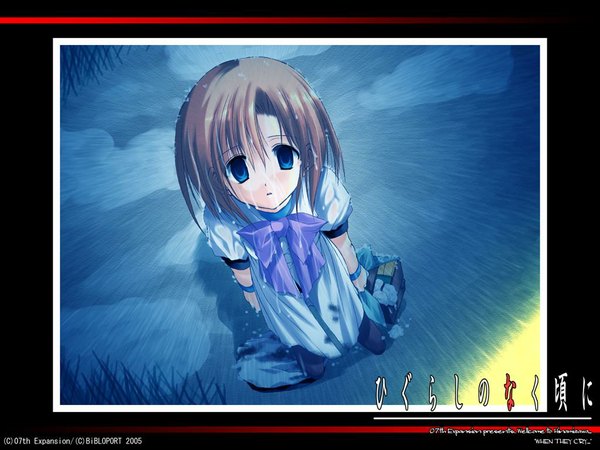 Anime picture 1024x768 with higurashi no naku koro ni studio deen ryuuguu rena single fringe short hair blue eyes hair between eyes payot outdoors parted lips from above :o short sleeves wet wallpaper puffy sleeves copyright name kneeling rain