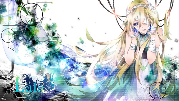 Anime picture 1500x844 with vocaloid lily (vocaloid) tyouya single long hair open mouth blue eyes blonde hair wide image girl dress headphones bandage (bandages) eyepatch wire (wires)