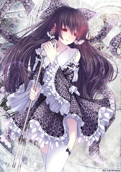 Anime picture 800x1131 with touhou hakurei reimu caidychen single long hair tall image black hair red eyes magic glowing glowing eye (eyes) alternate color girl thighhighs dress bow ribbon (ribbons) detached sleeves white thighhighs frills