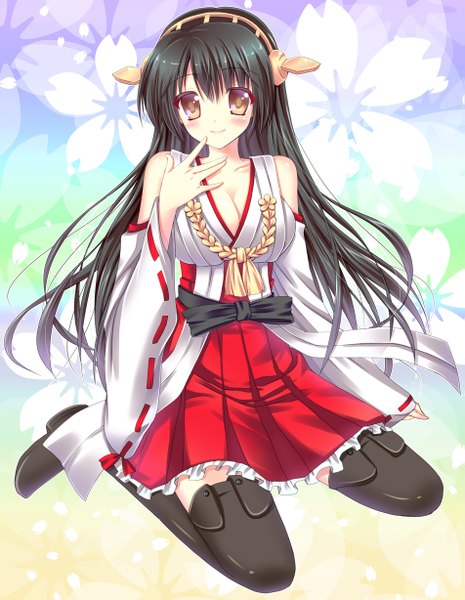 Anime picture 951x1228 with kantai collection haruna battleship yamada chiaki single long hair tall image looking at viewer blush black hair smile bare shoulders brown eyes girl thighhighs black thighhighs detached sleeves hairband