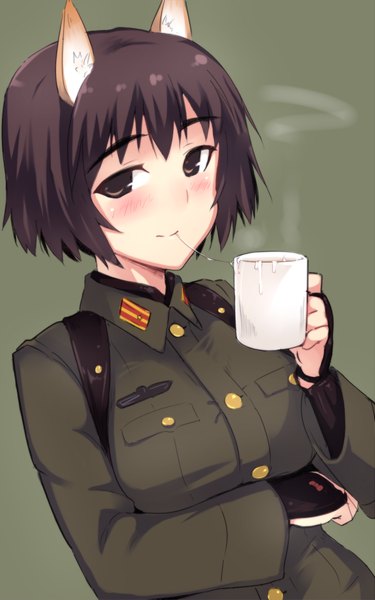 Anime picture 600x960 with strike witches katou takeko em single tall image looking at viewer blush fringe short hair light erotic standing brown eyes animal ears purple hair embarrassed eyebrows steam girl uniform military uniform