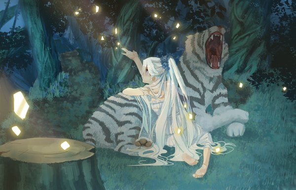 Anime picture 1536x990 with rose (pixiv 5163042) long hair open mouth red eyes sitting bare shoulders looking away white hair ponytail eyes closed barefoot night teeth fang (fangs) striped yawn girl dress plant (plants) tree (trees)