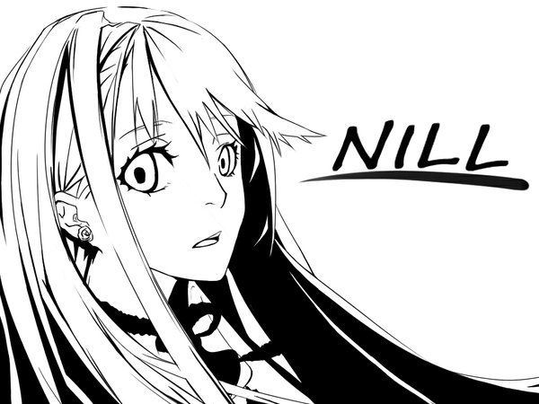 Anime picture 1024x768 with dogs: bullets & carnage david production nill single long hair looking at viewer open mouth blonde hair inscription monochrome girl bow earrings