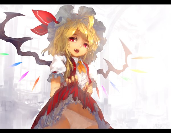Anime picture 2000x1554 with touhou flandre scarlet tlman single highres short hair open mouth light erotic blonde hair red eyes skirt lift girl dress underwear panties wings bonnet
