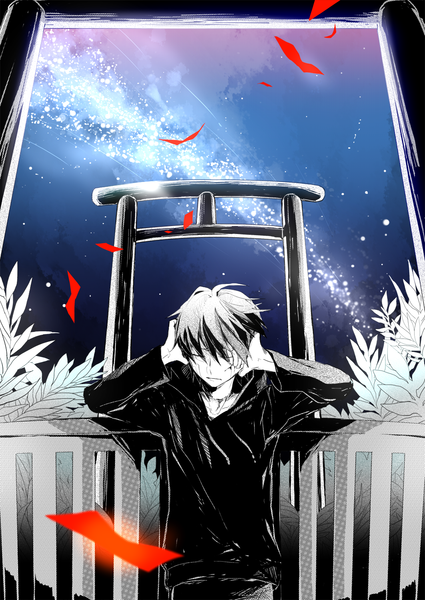 Anime picture 1062x1500 with kagerou project shaft (studio) kisaragi shintarou ktxx single tall image fringe short hair black hair sky eyes closed glow sad polychromatic boy plant (plants) hood star (stars)