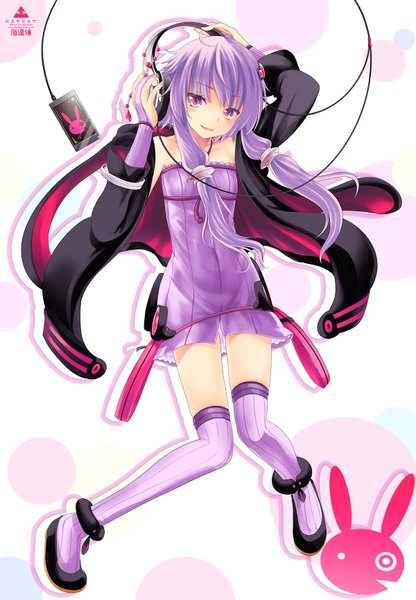 Anime picture 1200x1731 with vocaloid yuzuki yukari namamo nanase single long hair tall image white background purple eyes twintails purple hair open clothes open jacket low twintails girl thighhighs dress jacket headphones hair tubes