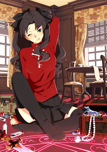 Anime picture 1131x1600 with fate (series) fate/stay night studio deen type-moon toosaka rin ai-wa single long hair tall image blush blue eyes black hair one eye closed wink magic girl thighhighs skirt bow black thighhighs