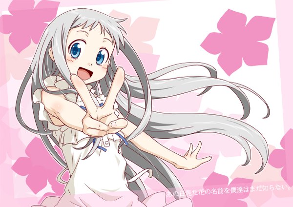 Anime picture 1200x849 with ano hi mita hana no namae wo bokutachi wa mada shiranai a-1 pictures honma meiko punto single long hair blush open mouth blue eyes grey hair loli sleeveless victory girl sundress