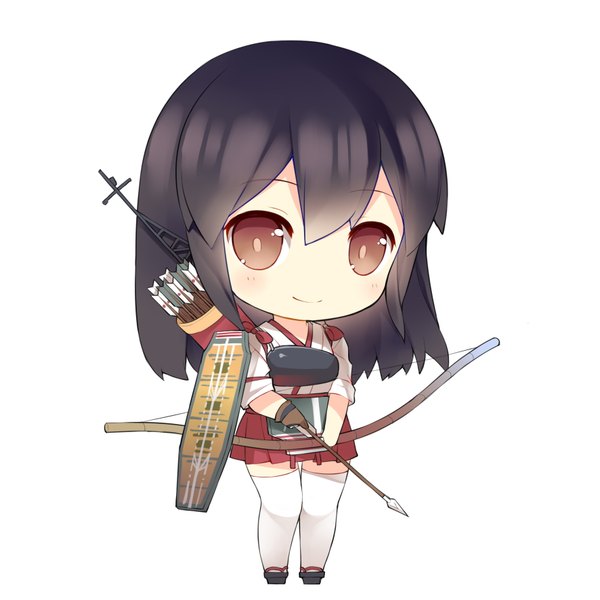 Anime picture 1771x1771 with kantai collection akagi aircraft carrier saru (longbb) single long hair looking at viewer highres black hair simple background white background brown eyes light smile zettai ryouiki chibi girl thighhighs skirt weapon miniskirt armor