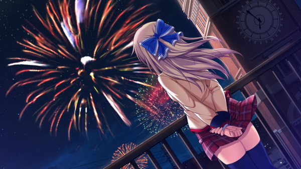 Anime picture 1920x1080 with love of renai koutei of love! erika ohtori oozora itsuki single long hair highres blonde hair wide image game cg night night sky hands behind back fireworks girl thighhighs skirt uniform bow black thighhighs hair bow