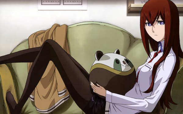 Anime picture 2560x1600 with steins;gate white fox makise kurisu single long hair looking at viewer highres brown hair wide image purple eyes no shoes legs girl pantyhose shorts couch