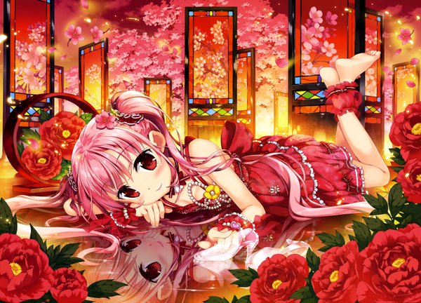 Anime picture 5670x4089 with fujima takuya single blush highres red eyes twintails looking away pink hair absurdres lying very long hair barefoot official art loli girl dress hair ornament flower (flowers) petals red dress