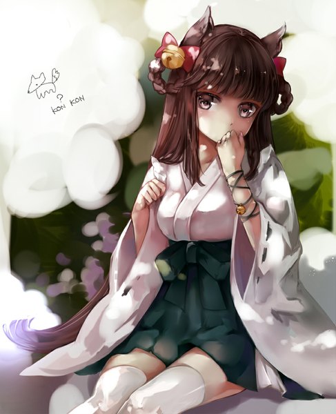 Anime picture 900x1107 with original 041 single long hair tall image looking at viewer brown hair sitting brown eyes animal ears traditional clothes girl thighhighs bow hair bow white thighhighs bell jingle bell