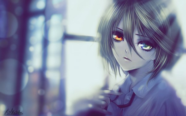 Anime picture 1920x1200 with another p.a. works misaki mei katkooota single highres short hair blue eyes wide image lips grey hair sunlight orange eyes heterochromia girl window blouse