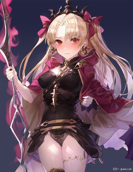 Anime picture 800x1037 with fate (series) fate/grand order toosaka rin ereshkigal (fate) kim eb single long hair tall image looking at viewer blush light erotic simple background blonde hair red eyes signed two side up embarrassed twitter username dark background girl