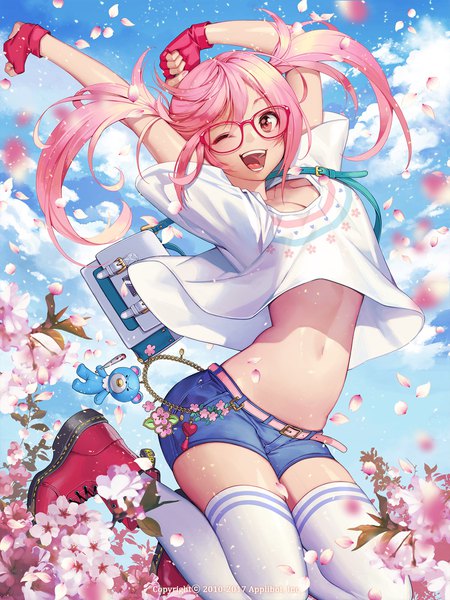 Anime picture 1500x2000 with furyou michi ~gang road~ soo kyung oh single long hair tall image fringe breasts open mouth hair between eyes pink hair sky bent knee (knees) outdoors one eye closed pink eyes wink arms up bare belly midriff zettai ryouiki
