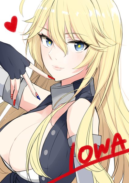 Anime picture 1254x1771 with kantai collection iowa (kantai collection) morinaga (harumori) single long hair tall image looking at viewer fringe breasts light erotic simple background blonde hair hair between eyes large breasts white background cleavage nail polish lips character names symbol-shaped pupils