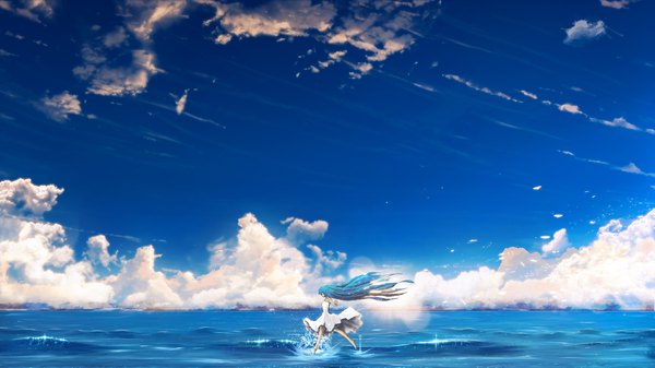 Anime picture 1920x1080 with original y y (ysk ygc) single highres smile wide image bare shoulders sky cloud (clouds) full body eyes closed very long hair profile barefoot aqua hair bare legs lens flare spread arms running girl