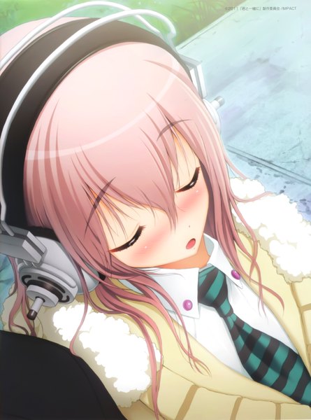 Anime picture 4837x6516 with nitroplus super sonico tsuji santa single long hair tall image blush highres open mouth sitting pink hair absurdres eyes closed girl necktie headphones sweater