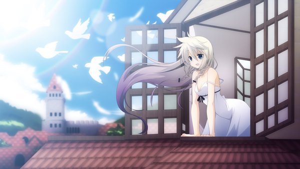 Anime picture 1920x1080 with vocaloid ia (vocaloid) yuzuki kei long hair highres open mouth blue eyes wide image white hair flock girl animal window bird (birds) feather (feathers) sundress