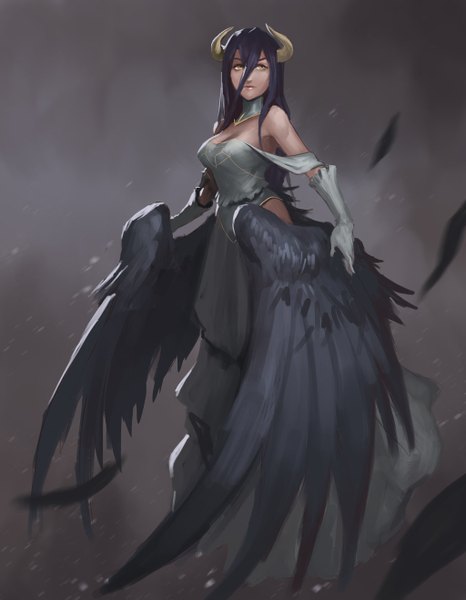 Anime picture 1024x1316 with overlord (maruyama) madhouse albedo (overlord) josh corpuz single long hair tall image breasts black hair large breasts standing bare shoulders yellow eyes looking away cleavage horn (horns) lips demon girl black wings demon wings