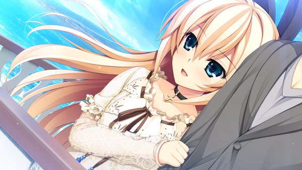 Anime picture 2194x1234 with pretty x cation 2 hibiki works kurashiki azusa long hair blush highres open mouth blue eyes blonde hair wide image game cg couple girl boy