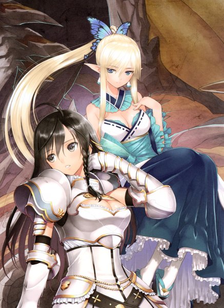 Anime picture 4447x6099 with shining (series) shining resonance kirika towa alma sonia blanche tony taka long hair tall image highres blue eyes black hair blonde hair multiple girls brown eyes looking away absurdres ponytail pointy ears scan official art girl