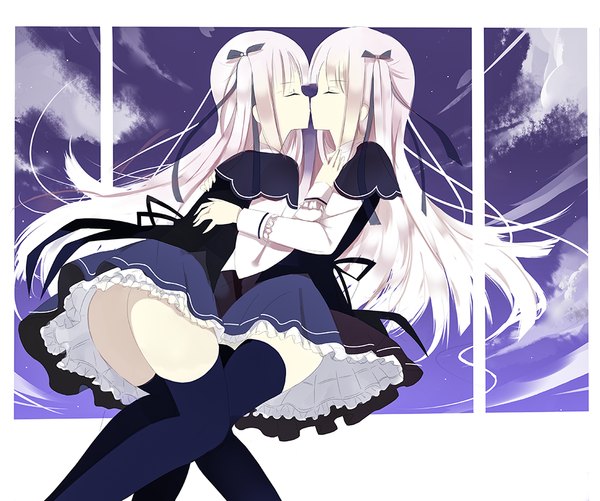 Anime picture 1000x836 with absolute duo 8bit yurie sigtuna senya fuurin long hair fringe light erotic standing multiple girls pink hair sky cloud (clouds) bent knee (knees) eyes closed hug almost kiss girl thighhighs ribbon (ribbons) black thighhighs
